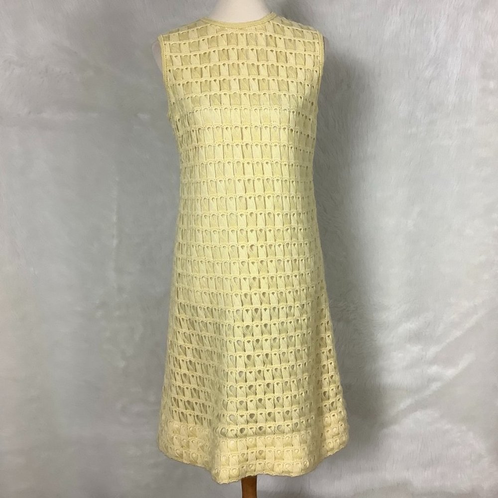 Vintage 60s 70s Sleeveless Yellow Hand Crochet From Portugal Sheath Dress S